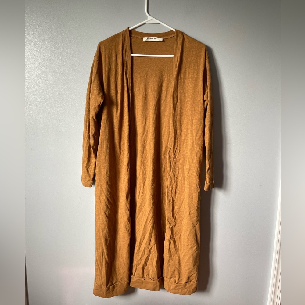 Three bird nest long sleeved ankle length open front rust cotton cardigan S